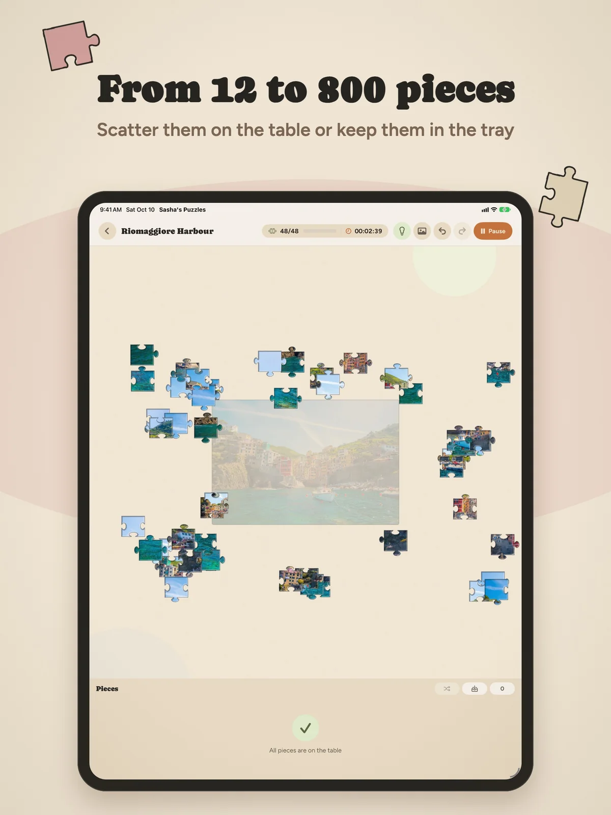 From 12 to 800 pieces: pieces scattered on the table on iPad